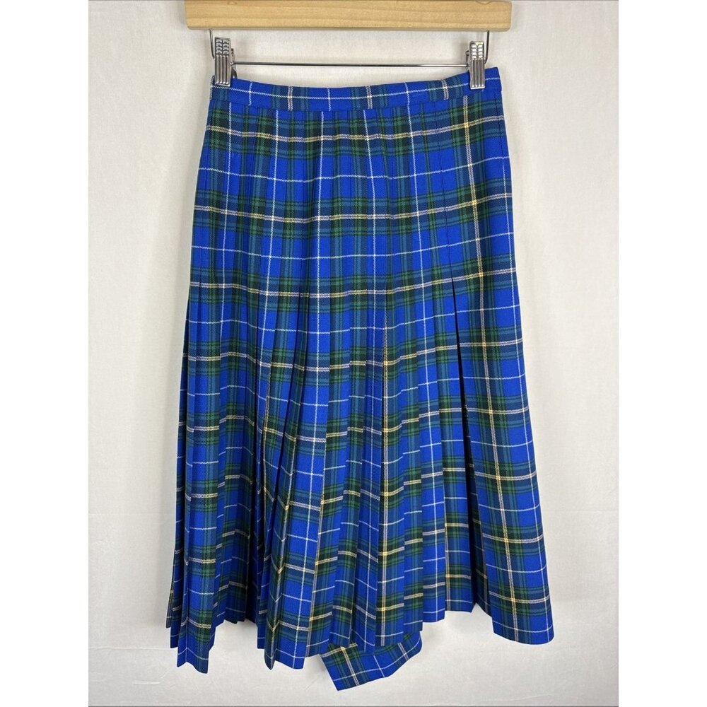 Vintage Surrey Classic Blue Green Tartan Pleated Wool Skirt Size‎ 8